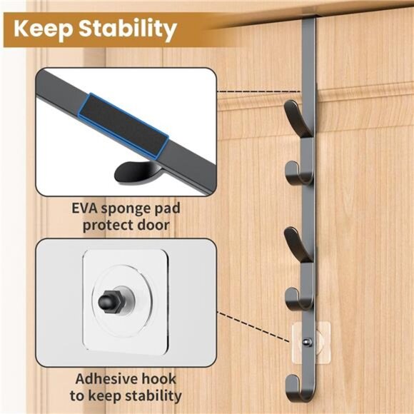 Over Door Hooks Towel Hanger Coat Rack Metal Wall Mount Storage Organizer Black - Picture 5 of 7